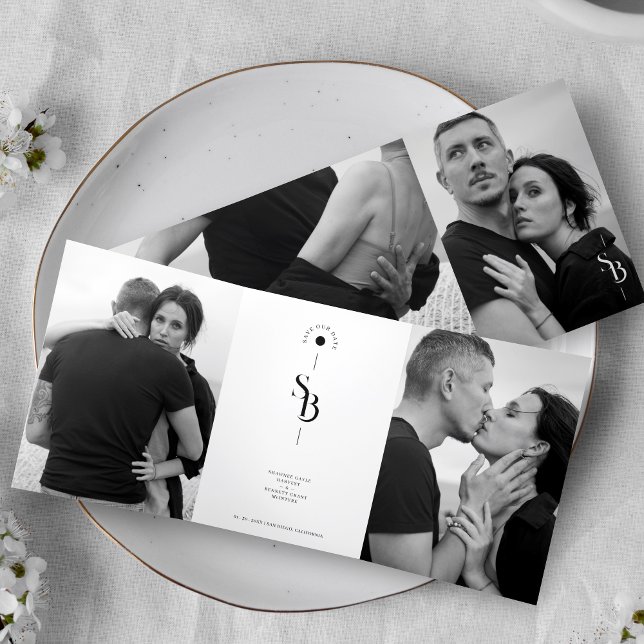 Invitation Trois Volets Exquisite Minimalist Black White Wedding 4 Photos (Exquisite Elegant Minimalist Black & White Wedding Initials 4 Photos Save the Date Tri-Fold Card.)