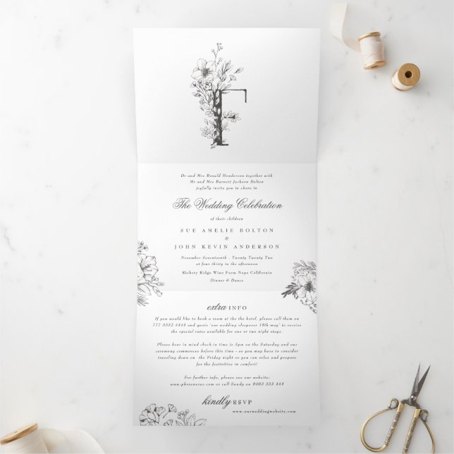 Invitation Trois Volets 'F' Monogramme Beau Mariage floral croisé (Intérieur)