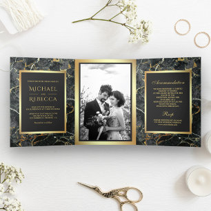 Invitation Trois Volets Fairepart de Mariage Photo en Marbre Gris Charbon