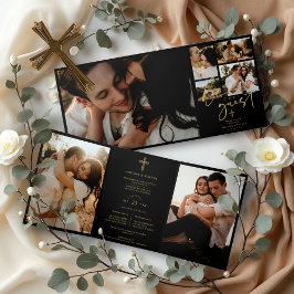 Invitation Trois Volets Faith Cross Black Trendy Stylish Collage Wedding