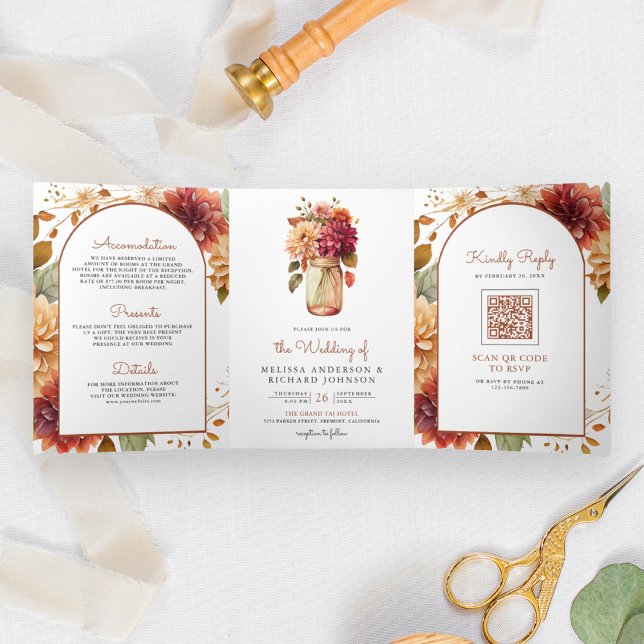 Invitation Trois Volets Fall Dahlia Floral Mason Jar QR Code Mariage (Créateur téléchargé)