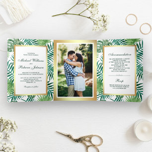 Invitation Trois Volets Faux feuillage de palmier tropical en feuille d'or