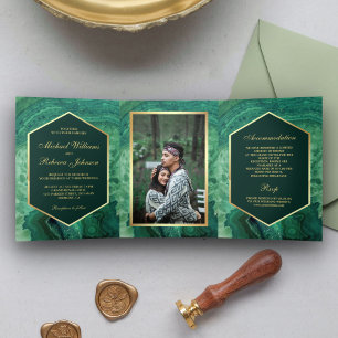 Invitation Trois Volets Faux Gold Foil Green Agate Mariage Photo