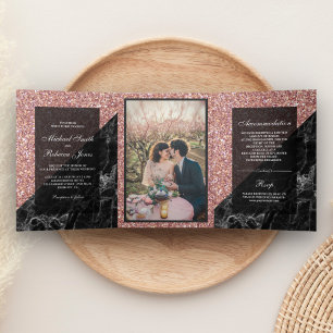Invitation Trois Volets Faux Rose Gold Parties scintillant Noir Marbre Mar