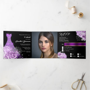 Invitation Trois Volets Femme noire violet rose photo parties scintillant
