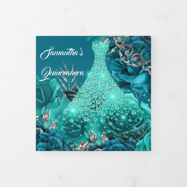 Invitation Trois Volets FEMMES roses turquoises d'argent PHOTO Fleur anniv (Protection)