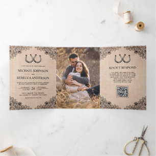 Invitation Trois Volets Fers à Cheval Toile de Jute Code QR Photo Mariage