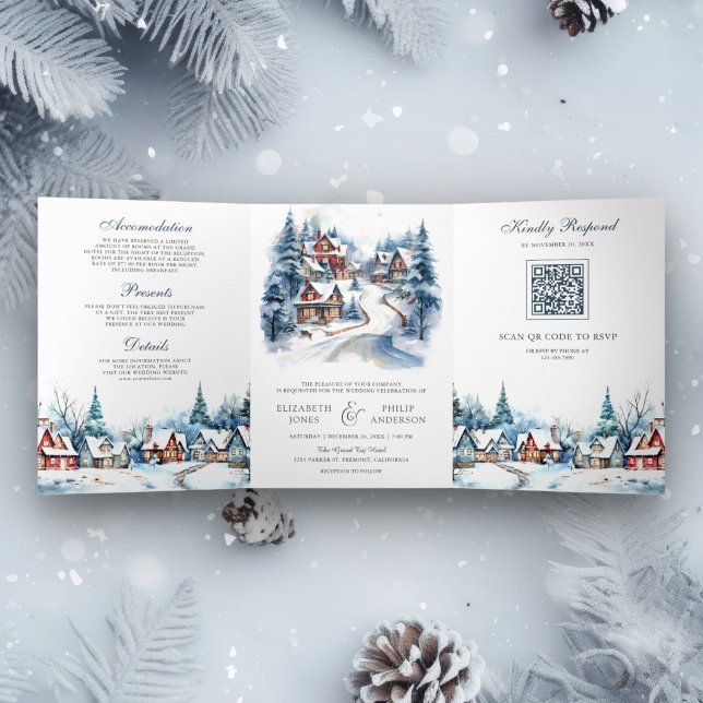 Invitation Trois Volets Festif Village d'hiver QR Code Mariage (Créateur téléchargé)