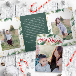Invitation Trois Volets Festive Verdure or Noël photo pliée carte