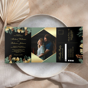 Invitation Trois Volets Feuille de Tropicaux Géométriques en Or Photo Mari