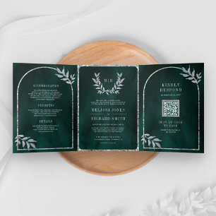 Invitation Trois Volets Feuilles de Laurier Argent Couronne Émeraude Vert
