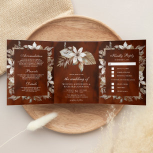 Invitation Trois Volets Feuilles de palmier séchées tropicales orange brûl