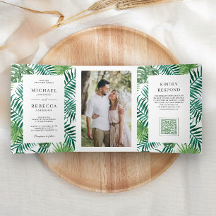 Invitation Trois Volets Feuilles de palmier vertes blanches tropicales Cod