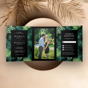 Invitation Trois Volets Feuilles de palmier vertes et noires Mariage tropi