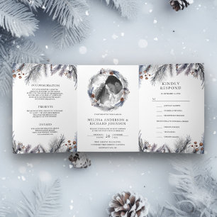 Invitation Trois Volets Feuilles de pin givré rustique Foliage Mariage d'h