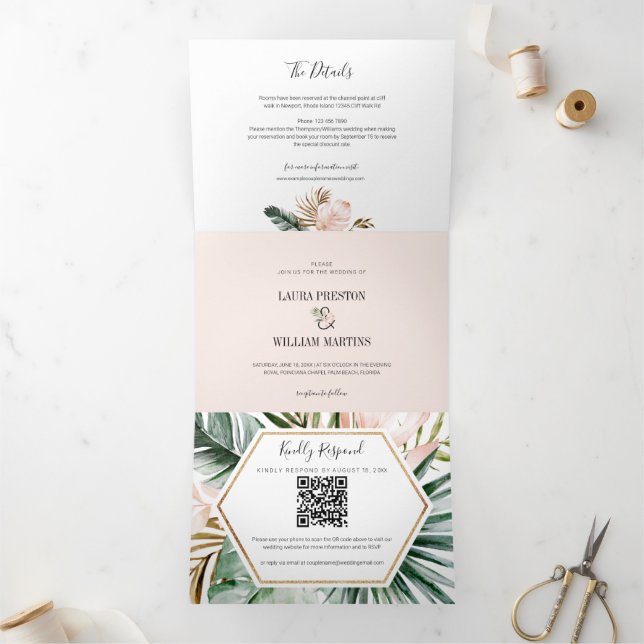Invitation Trois Volets Feuilles tropicaux Mariage RSVP QR Code Détails Ph (Intérieur)