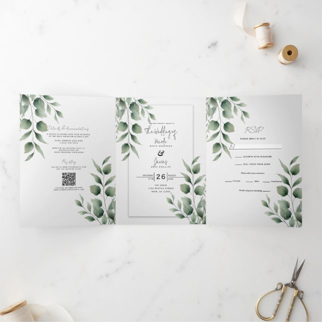 Invitation Trois Volets Feuilles verdoyants minimaux Mariage blanc moderne (Intérieur)