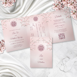 Invitation Trois Volets Fleur de cerisier rose | Bilingue | Mariage chinoi
