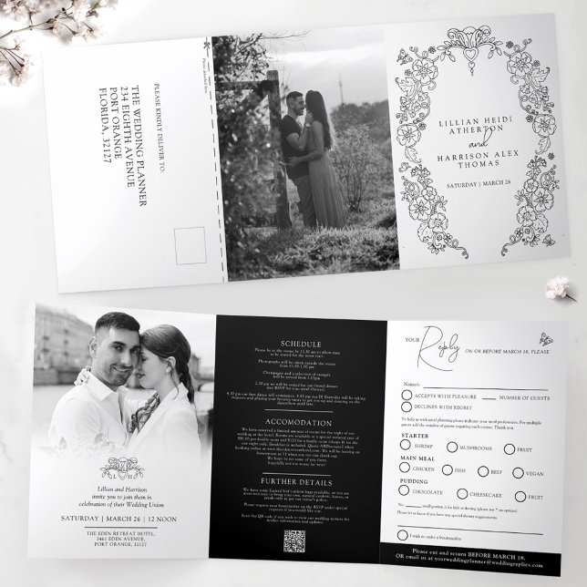 Invitation Trois Volets Fleur de lis noir blanc option repas mariage RSVP (Créateur téléchargé)