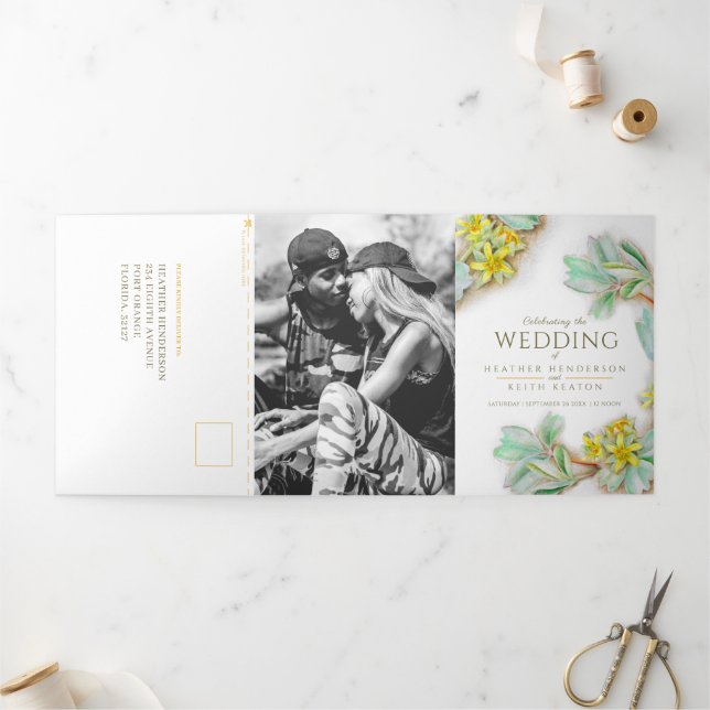 Invitation Trois Volets Fleur Jaune Sibbaldia mariage tout en un (Extérieur)