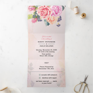 Invitation Trois Volets Fleur Rose élégant Mariage personnalisé