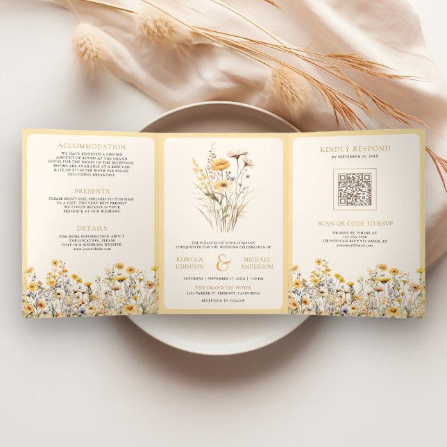 Invitation Trois Volets Fleur sauvage Boho Jaune Photo QR Code Mariage (Créateur téléchargé)