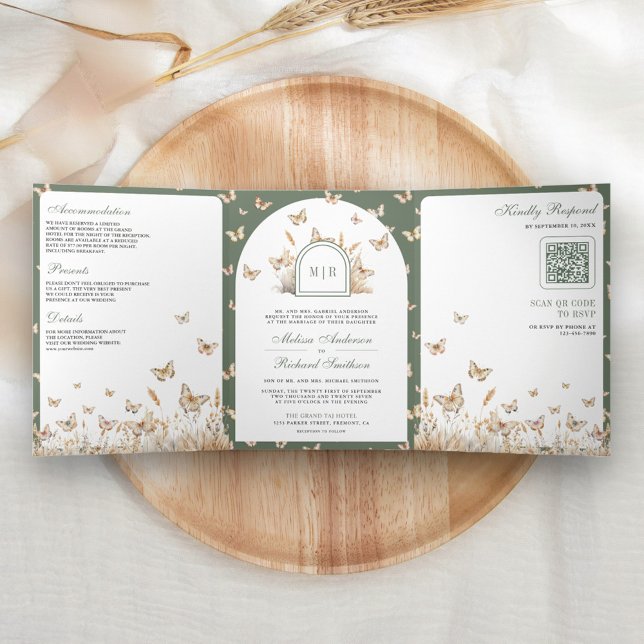 Invitation Trois Volets Fleur sauvage de Sage Vert Beige Mariage d'arc pap (Créateur téléchargé)