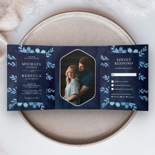 Invitation Trois Volets Fleurs aquarelles bleu poussiéreux Photo de mariag