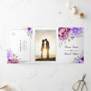 Invitation Trois Volets Fleurs aquarelles violettes photo florale mariage