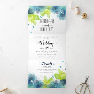 Invitation Trois Volets Fleurs bleues modernes, typographie mariage floral