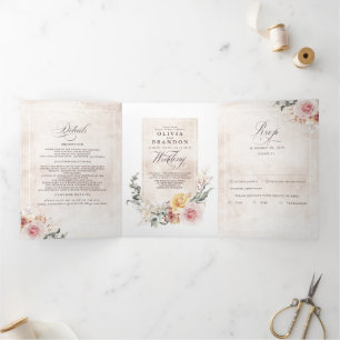 Invitation Trois Volets Fleurs colorées Élégant Mariage Boho