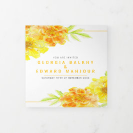 Invitation Trois Volets Fleurs d'aquarelle jaune marigold mariage