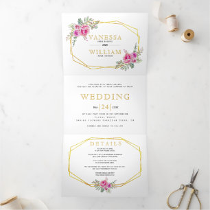 Invitation Trois Volets Fleurs d'aquarelle rose or mariage géométrique