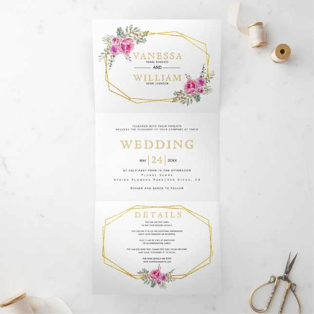 Invitation Trois Volets Fleurs d'aquarelle rose or mariage géométrique (Intérieur)