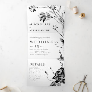 Invitation Trois Volets Fleurs d'art noir, blanc mariage photo