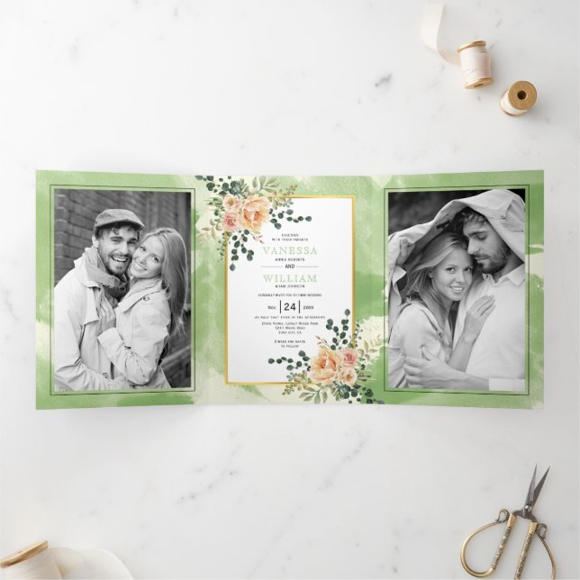 Invitation Trois Volets Fleurs de Pêche, feuille sauge vert mariage (Intérieur)