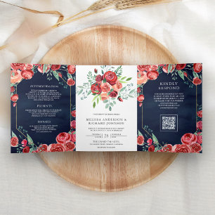 Invitation Trois Volets Fleurs de Roses Rouges Code QR Bleu Marine Mariage
