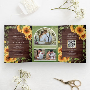 Invitation Trois Volets Fleurs de soleil en bois rustique Arch Photo Code 