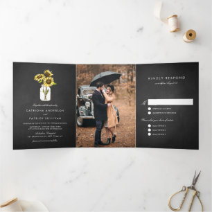 Invitation Trois Volets Fleurs de soleil sur Mason Jar Rustic Chalkboard M