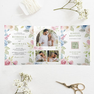 Invitation Trois Volets Fleurs Douces de Printemps Code QR Mariage Tout en