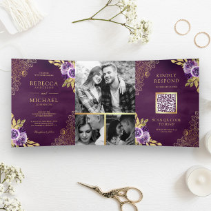 Invitation Trois Volets Fleurs Mauve Poussiéreux Code QR Broderie Or Maria