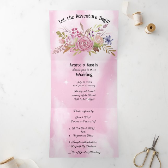 Invitation Trois Volets Fleurs roses et ciel étoilé rose (Intérieur)