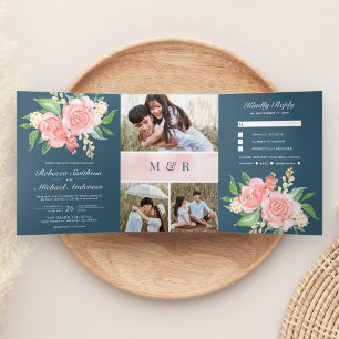 Invitation Trois Volets Fleurs Roses Rose Pâle Photo Collage Mariage Bleu