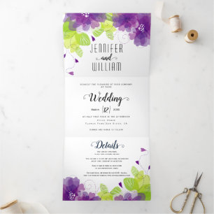 Invitation Trois Volets Fleurs violettes modernes, typographie mariage flo