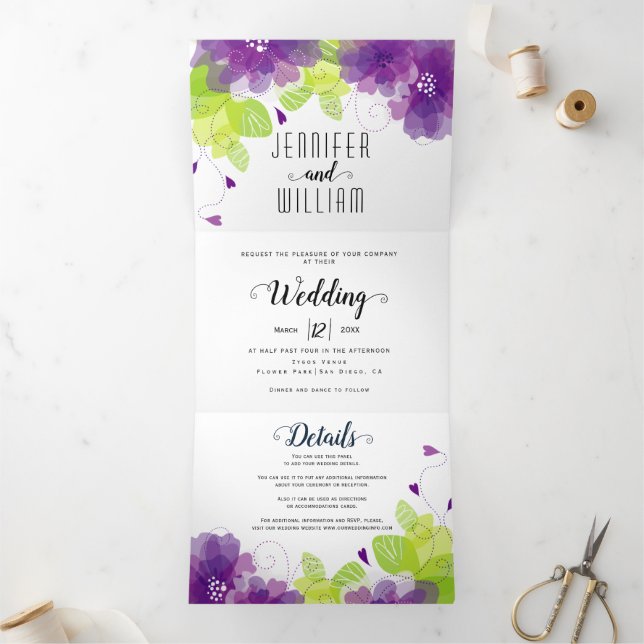 Invitation Trois Volets Fleurs violettes modernes, typographie mariage flo (Intérieur)