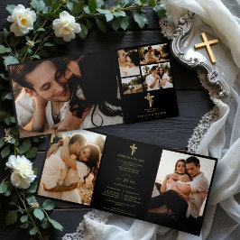 Invitation Trois Volets Floral Faith Cross Black Trendy Stylish Collage