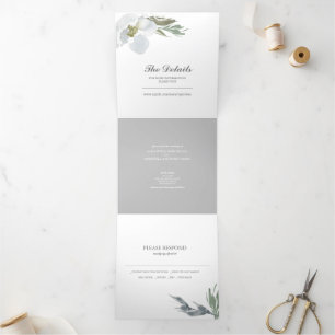 Invitation Trois Volets Floral gris et verdure tout en un mariage Inviter