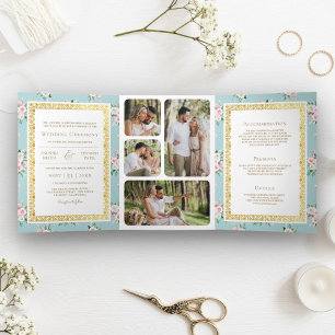 Invitation Trois Volets Floral rose bleu tout en un Mariage indien d'or
