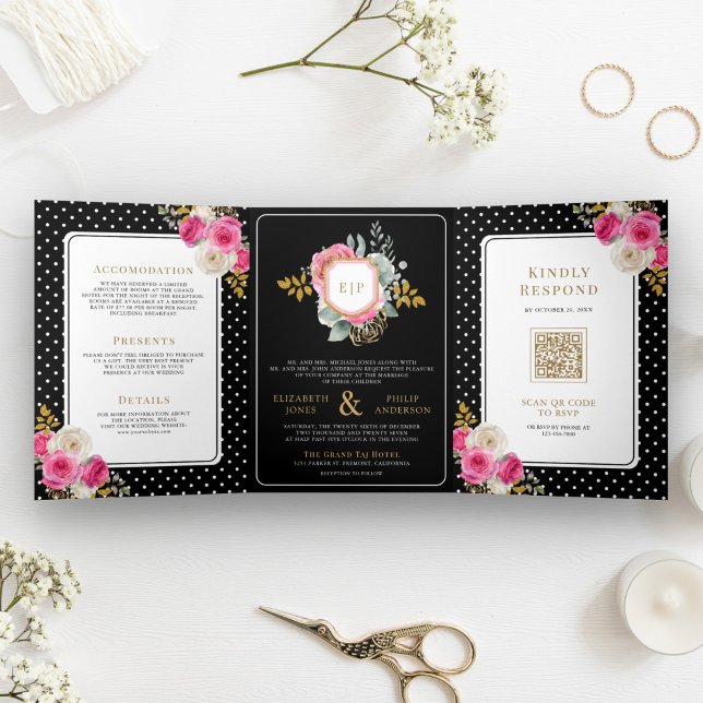 Invitation Trois Volets Floral rose Fuchsia tout en une crête Mariage noir (Créateur téléchargé)