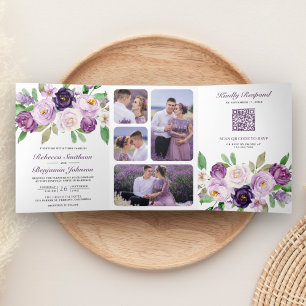 Invitation Trois Volets Floral violet rustique tout en un Mariage de code 